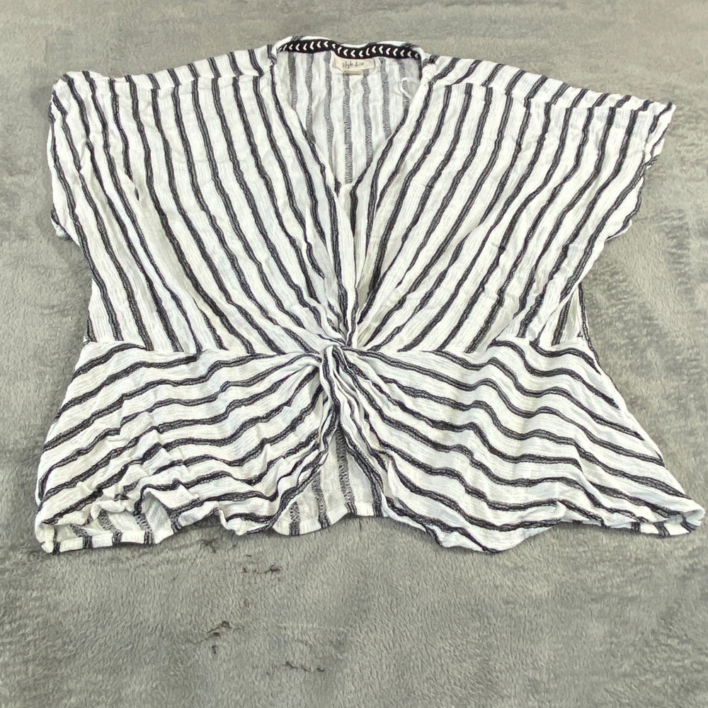 Style & Co Top Women L Black White Striped Twist Front Dolman Sleeve V-Neck